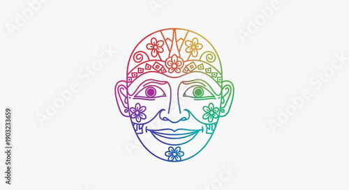 Vibrant hand-drawn tribal face illustration with rainbow gradient and floral motifs expressing joy