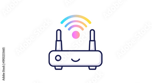 Friendly Wi-Fi Router Icon Broadcasting Colorful Wireless Signals for Digital Connectivity