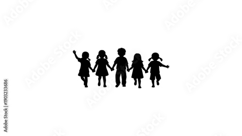 A silhouette of five children standing in a row, firmly holding hands as a symbol of unity, friendship, and togetherness.