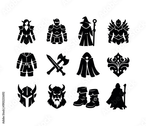 Fantasy cosplay sketches. Solid icon set of fantasy cosplay sketches: elf costume sketch, knight armor sketch, wizard robe sketch, dragon