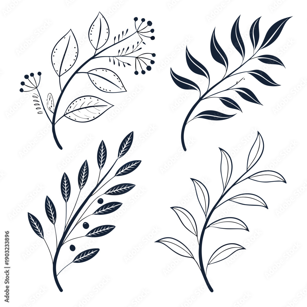 Obraz premium A collection of four different leaf illustrations in a symmetrical arrangement Vector