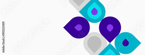 Abstract graphic features colorful droplet shapes. Minimalist design uses purple, teal, gray hues on white background. Simple, modern aesthetic.