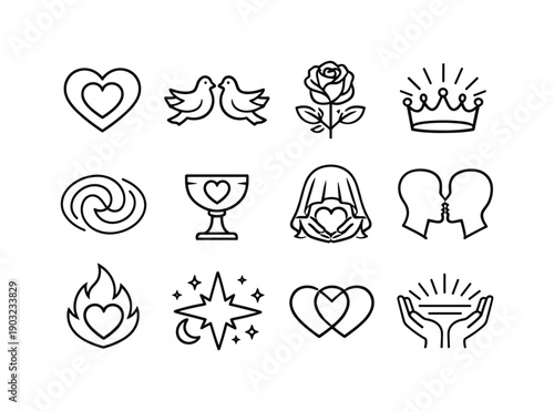 Mythical Love Icons. Mythical love goddesses. Line icon set of Mythical love goddesses: universal heart, twin doves, sacred rose, glowing crown, harmony