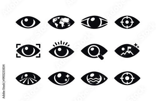 Vision Icon Set. Eyes seeing the world. Solid icon set of Eyes seeing the world: open eye, world map eye, wide vision, sharp sight, eye scan, eye awareness,