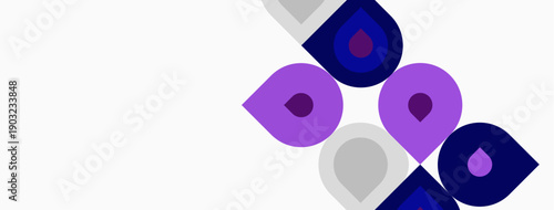 Abstract design features colorful droplet shapes. Purple, gray, navy elements create modern visual impact. Simple, clean aesthetic.