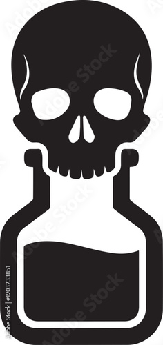 A stark graphic illustration depicting a skull emerging from a bottle filled with an unknown liquid, symbolizing danger, toxicity, and a warning against harmful substances