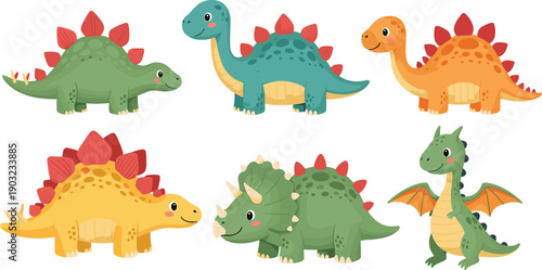 Cute dinosaur character collection with stegosaurus triceratops dragon and friendly prehistoric reptiles isolated on white background cartoon vector illustration set