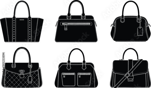 Luxury women's handbag silhouette set featuring tote bags satchels crossbody purses and elegant fashion accessories vector icon collection