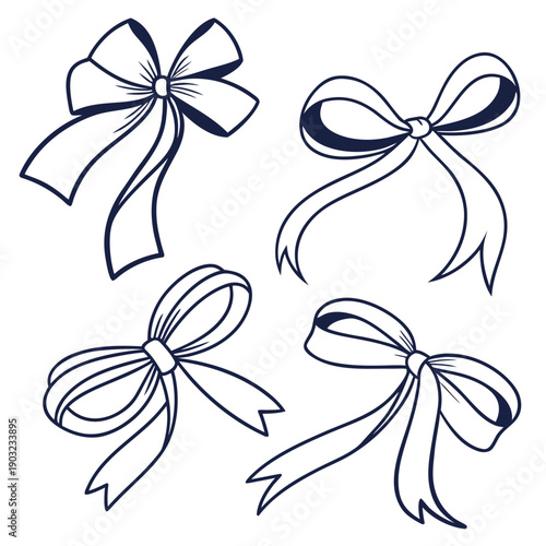 Four different styles of elegant hair ribbons drawn in black and white Vector