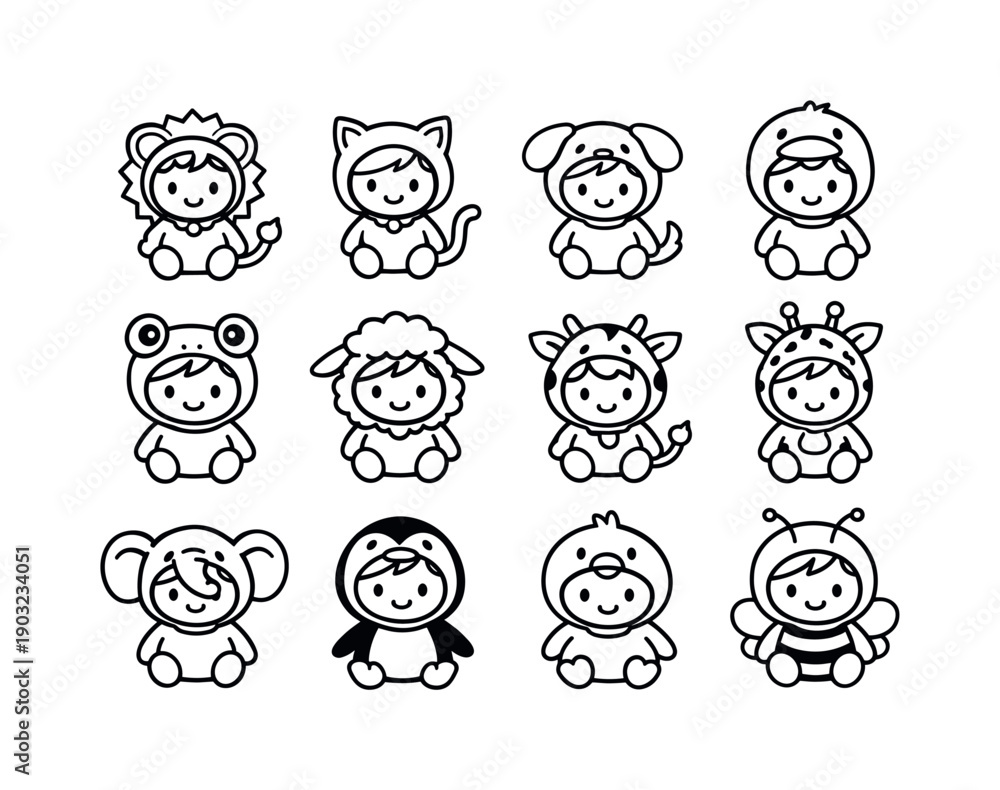 Obraz premium Kids' Animal Costumes Icons. Kids animal costumes. Line icon set of kids animal costumes: baby lion suit, kitten costume, puppy costume, duck costume, frog