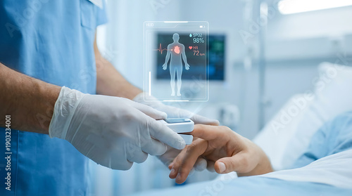 Medical professional checking patient's vital signs with pulse oximeter in modern hospital