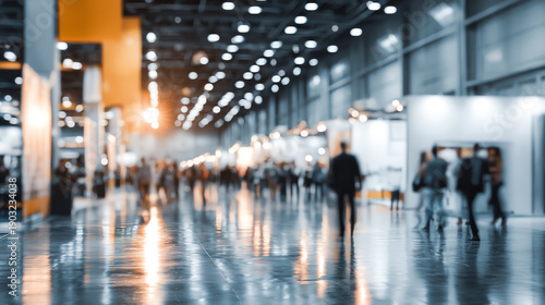 Wallpaper Mural A spacious hall with blurred figures of people walking, creating a dynamic and busy atmosphere in a convention center. Torontodigital.ca