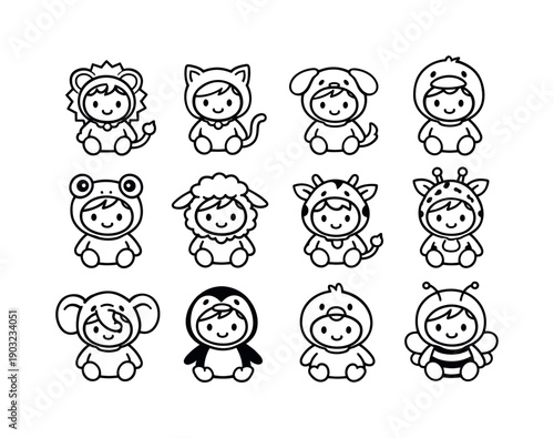 Kids' Animal Costumes Icons. Kids animal costumes. Line icon set of kids animal costumes: baby lion suit, kitten costume, puppy costume, duck costume, frog