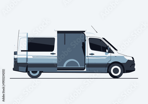 Illustration of a modern van with sliding door open, showcasing interior, exterior design, and vehicle features from a side viewpoint