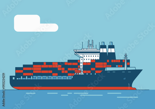 A large cargo ship with red and blue containers sails across the ocean viewed from the side