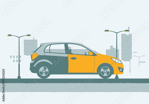 A colorful illustration of a car parked beside streetlights on a road near a cityscape with buildings in the background viewed from the side