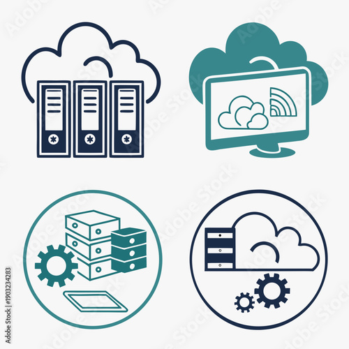 Illustration of cloud computing, data centers, and cybersecurity concepts Vector