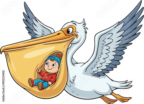 Charming cartoon pelican gracefully delivering a swaddled baby in its large beak pouch, a heartwarming illustration symbolizing new life and joyful beginnings