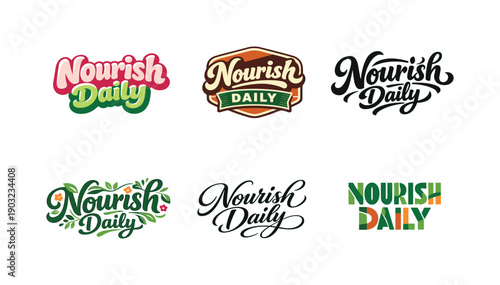 Nourish daily lettering. Set lettering. harmonious lettering variations of the same emblematic concept, each with different