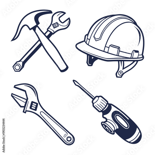An array of tools including a hammer, wrench, screwdriver, and safety helmet Vector