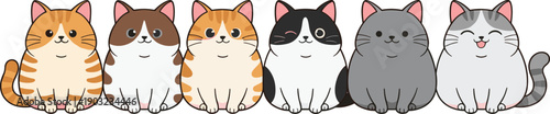 Cute chubby cat characters sitting in a row isolated on white background cartoon pet vector illustration set