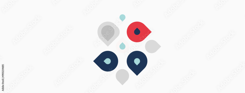 Fototapeta premium Abstract graphic features colorful droplet shapes. Minimalist design uses blue, red, gray tones on white background. Simple, modern aesthetic.