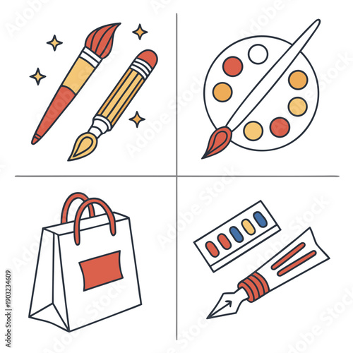 Colorful icons representing various art and craft supplies and tools Vector