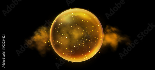 Orange magic fantasy sphere. Crystal ball with glowing sparkles and particles. Energy orb with glow flare light effect. Isolated on transparent background. Vector illustration.