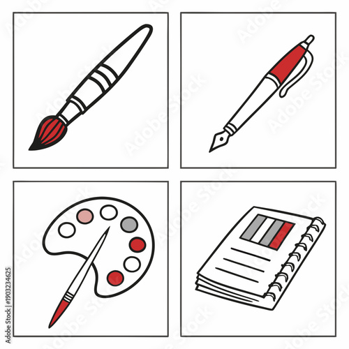 A collection of four different types of art tools, including a paintbrush, marker, pencil, and palette. Vector