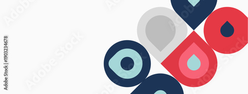 Abstract geometric shapes overlap. Blue, red, gray colors dominate design. Minimalist aesthetic, clean lines present modern feel.