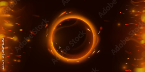 Abstract fire ring glowing on black background with fiery sparkle. Vector realistic illustration of round frame with burning flame effect, hot sparks shimmering in darkness, magic energy portal