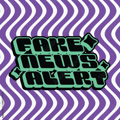 Y2K Flat Style Black and Cyan Colored Futuristic Typography of 'Fake News Alert' with Glitter on white and purple Line Stripe Backdrop
