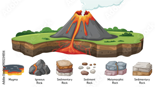 A detailed educational diagram showing the rock cycle and volcanic activity, displayed against a white background (1)_traced