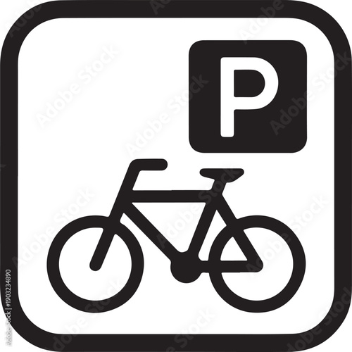 Bicycle parking sign icon in black and white featuring a bike and a capital p symbol isolated on white background, illustration