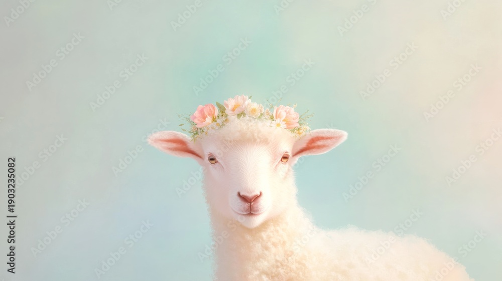 Fototapeta premium Fluffy sheep with floral crown on pastel background for rustic decor and animal art
