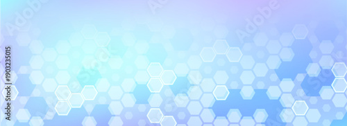 Blue abstract background with hexagonal pattern and geometric structure, vector illustration. Futuristic banner with gradient and glowing hexagons, scientific research and biomedical chemistry concept