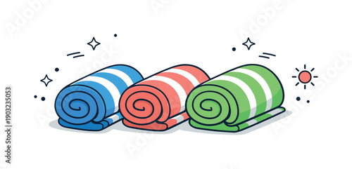 Organized Beach Towels Display. Beach towel folds. Rolled beach towels placed neatly in a row, ready for travel or storage. Organized summer preparation and