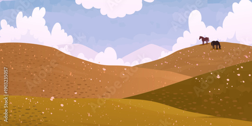 Autumn mountain valley or meadow, rolling hills with two horses, vector illustration. Natural fall season landscape background with dried orange grass fields, farm animals, blue sky with white clouds