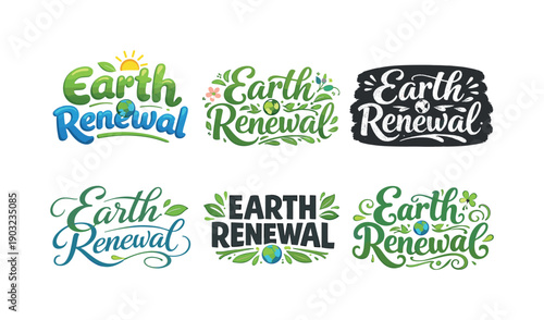 Earth renewal vibes. Set lettering. harmonious lettering variations of the same emblematic concept, each with different artistic