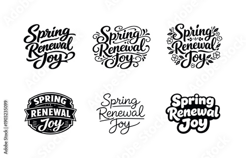 Spring renewal joy. Set lettering. harmonious lettering variations of the same emblematic concept, each with different artistic