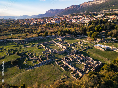 Ancient Roman ruins of the city of Solin in Croatia, Split - 4K aerial view from a drone