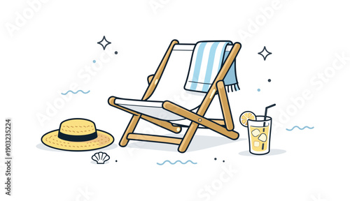 Summer beach objects leisure. A beach chair with a towel, straw hat, and drink placed nearby. The mood is relaxed, calm, and