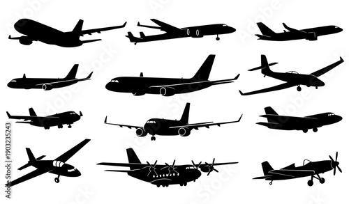 Diverse airplane silhouettes vector set including airliners, military jets, gliders, and stunt planes