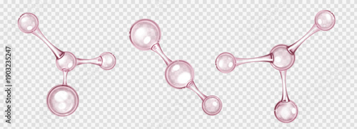 3D molecular structure with transparent glass atoms and bonds, realistic vector illustrations. Chemical formula model isolated on transparent background, laboratory and science symbol