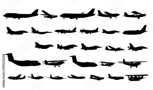 Vector airplane silhouette collection including jets, propeller planes, cargo, and fighter aircraft