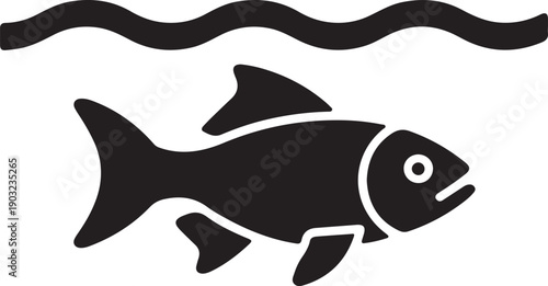Black silhouette of a fish swimming underwater with a wavy line representing the surface isolated on white background, illustration