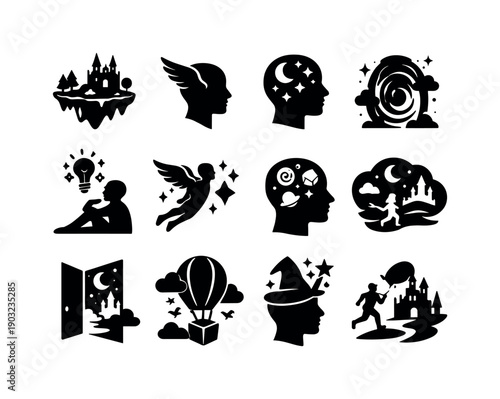 Fantasy imagination. Solid icon set of Fantasy imagination: fantasy world, flying mind symbol, magical thought, surreal idea, imagination