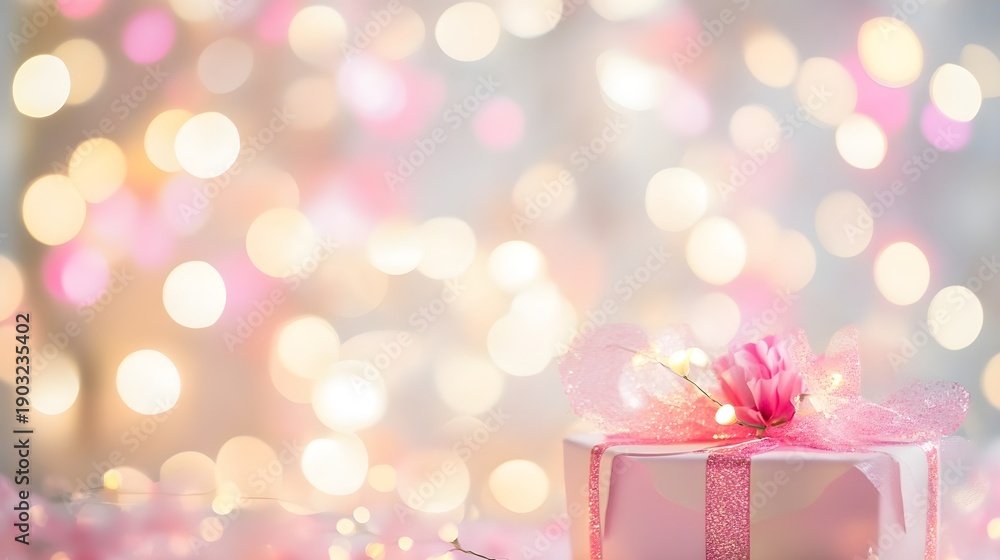 Fototapeta premium Pink gift box with flower and bokeh lights present