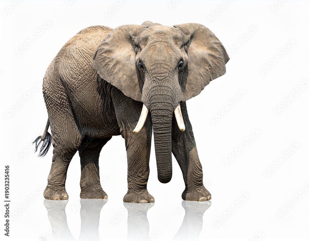 Fototapeta premium A majestic African elephant standing in a studio setting, isolated on a clean white background, showing detailed skin texture and powerful body posture.