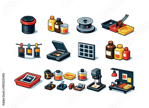 Film development. Colorful isometric vector icons set of Film development: darkroom tank, developing chemicals, film reel spiral, developing